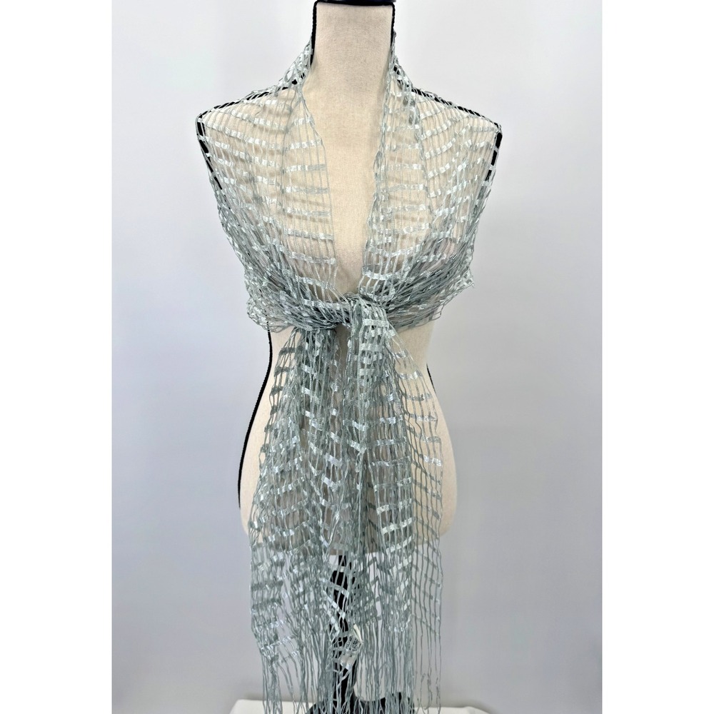 Shimmer Crochet Asymmetrical Fringe Scarf Wrap Shawl Silver Mermaidcore Coastal